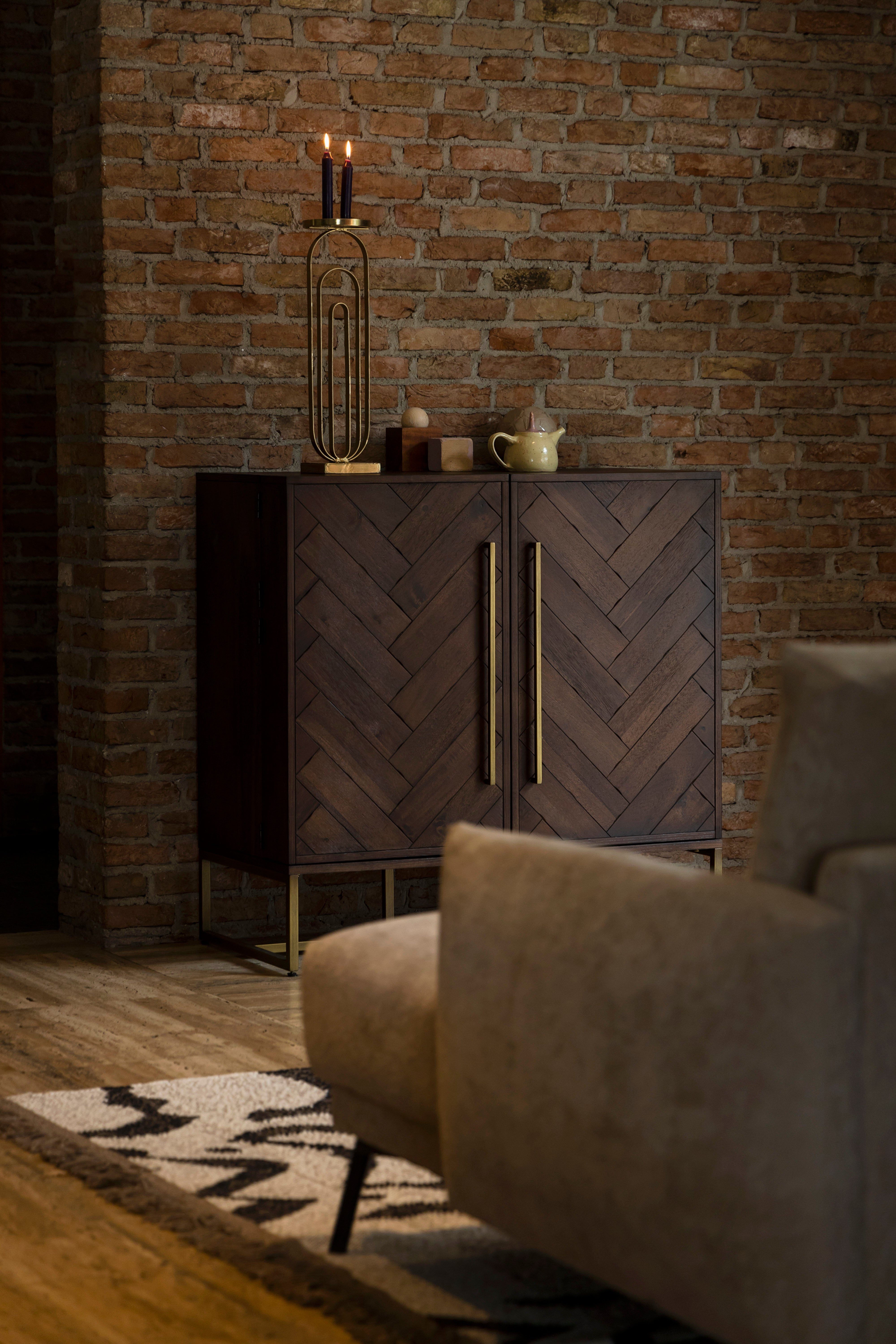 Dutchbone Class Herringbone Brown Acacia Wood Drinks Cabinet